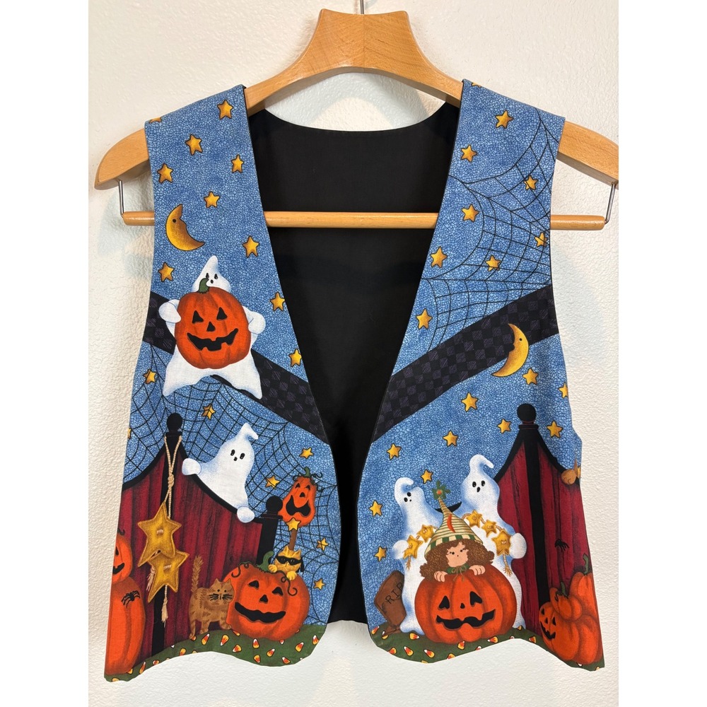 Halloween Vest Witches Ghosts Pumpkins Blue Black Women Size XL Teacher Fall